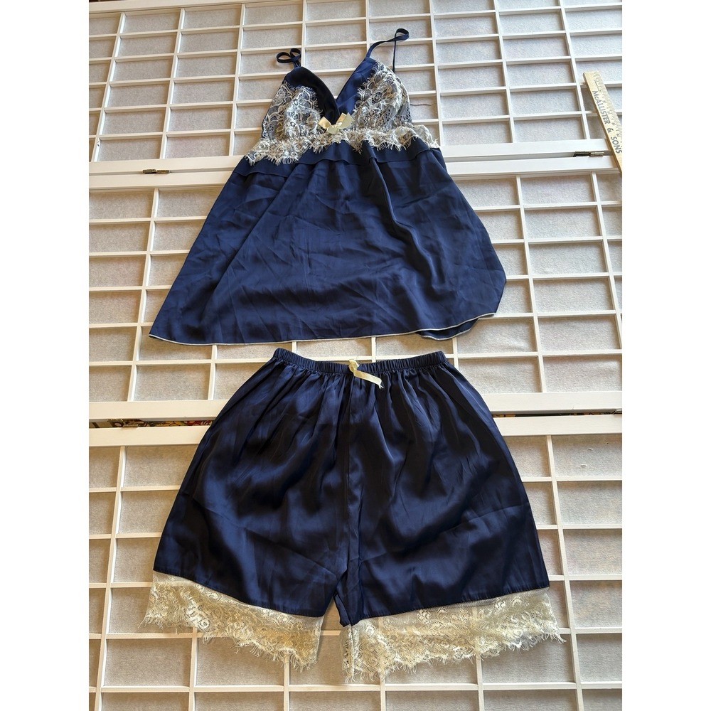 Vintage Blue Baby Doll Cami Pantie Pettipants Set Satin Lace Sexy Fits Like Sz S